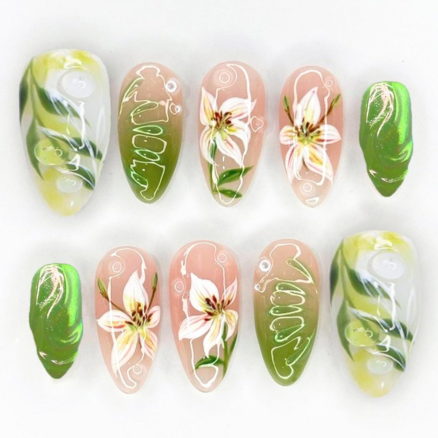 Almond Press-On Nails - 30 Pcs Medium 3D Gold Star Design | Glossy Full Cover Butterfly Acrylics