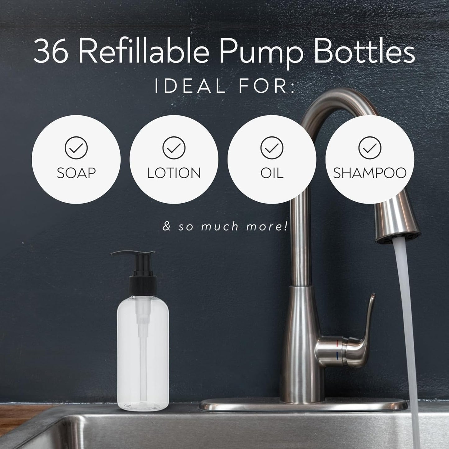 36 Pack Empty Pump Bottles 8oz - Clear Refillable Plastic Containers with Locking Dispenser for Lotion, Shampoo, Soap | Travel Size Toiletry Bottles