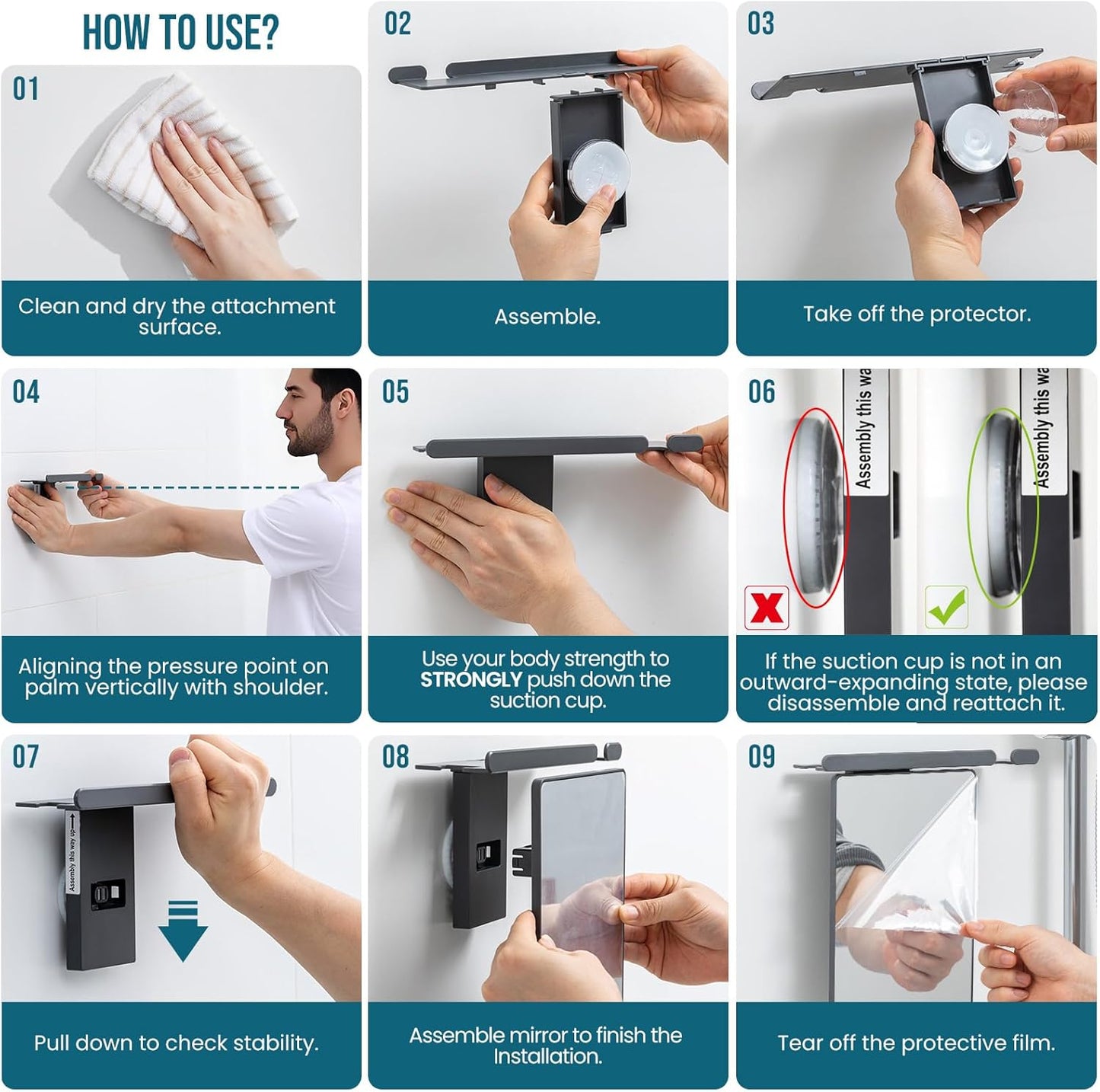 Fogless Shower Mirror for Shaving - Anti-Fog, Shatterproof & Waterproof | Wall Mounted with Razor Holder (Grey)