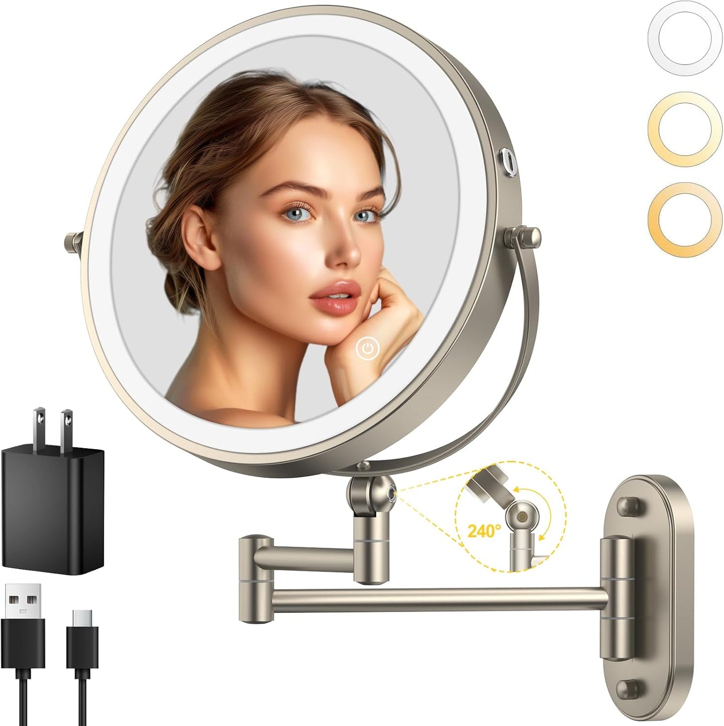 Lighted Makeup Mirror - 9" Wall Mounted 1X/10X Magnifying Mirror with 3 Color Lights | Rechargeable, Touch Dimmable, 360° Rotation