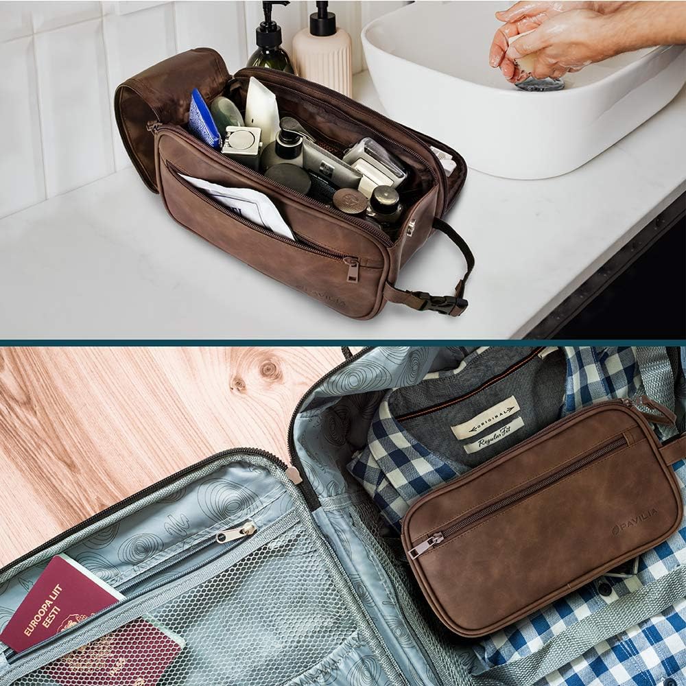 Toiletry Bag for Men - Travel Dopp Kit Organizer | PU Leather, Water Resistant, Dark Brown