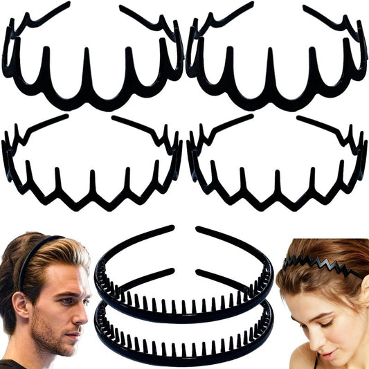 GIYAWA 6 PCS Headbands with Teeth Non Slip Comb Headband Fashion Plastic Hair Bands Hair Accessories for Women Men Teens Girls, Bright Black