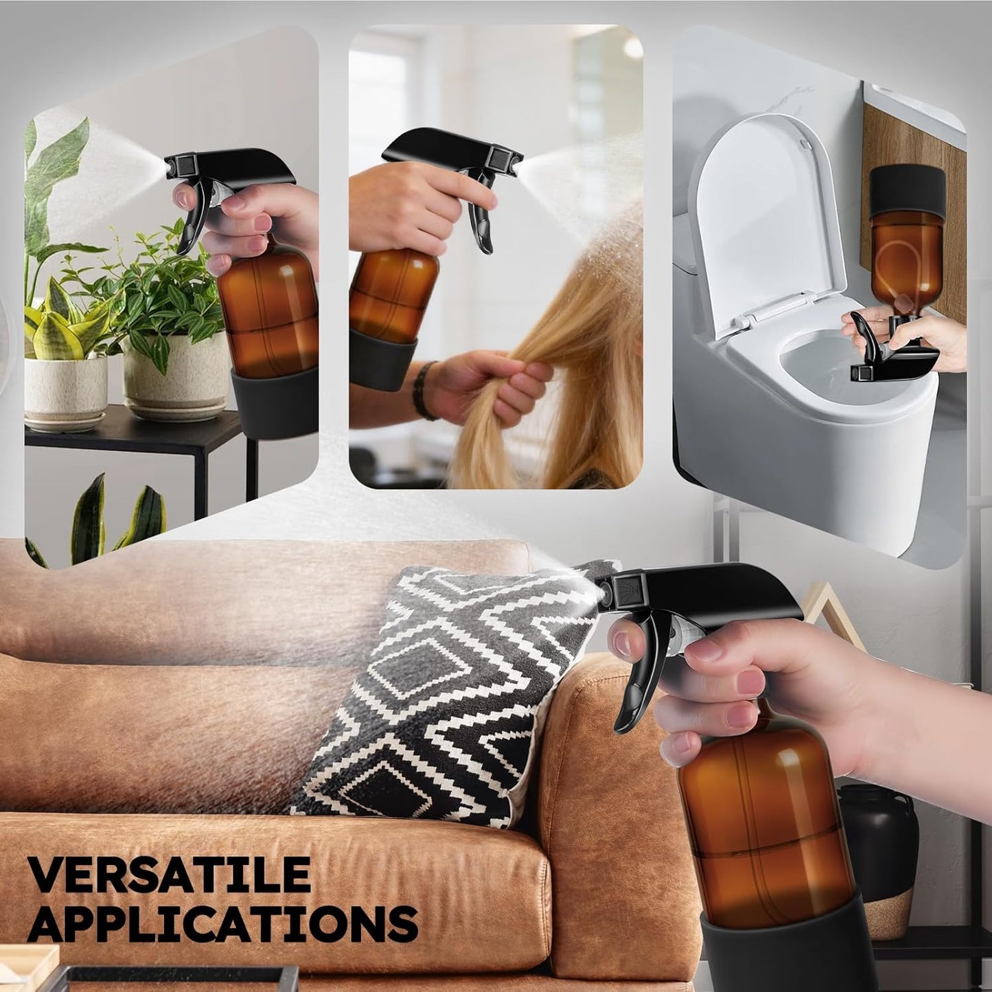 **360° Amber Glass Spray Bottles - 16 oz Refillable Containers with Adjustable Nozzles | 2 Pack in Black & Brown**
