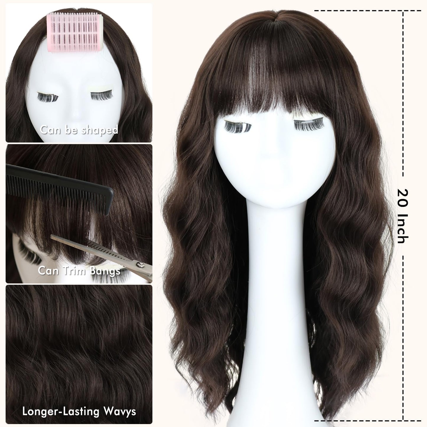 NOVFLKW Brown Medium Long Wavy Wigs for Women 20inch Dark Brown Wig with Bangs-Shoulder Length Wavy Curly Synthetic Heat Resistant Fiber Full Hair For Daily Use