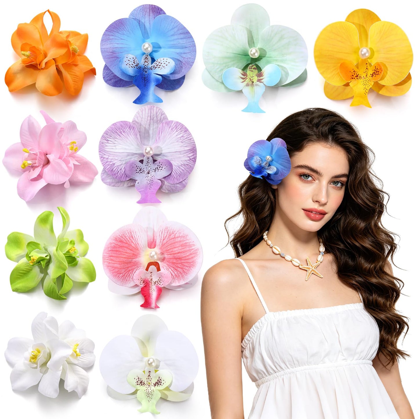 10 Pcs Hawaiian Flower Hair Clip for Women, 2 Styles Orchid Hair Clips Tropical Flower Hairpin Artificial Flower Hair Accessories for Vacation Beach Seaside Wedding