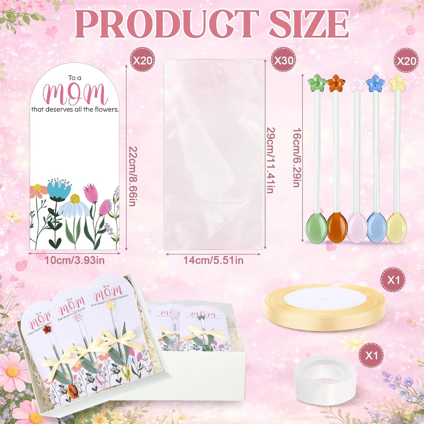 Mifoci 20 Sets Mother's Day Flower Glass Spoons - DIY Gifts for Mom | Includes Stirring Rods & Cards
