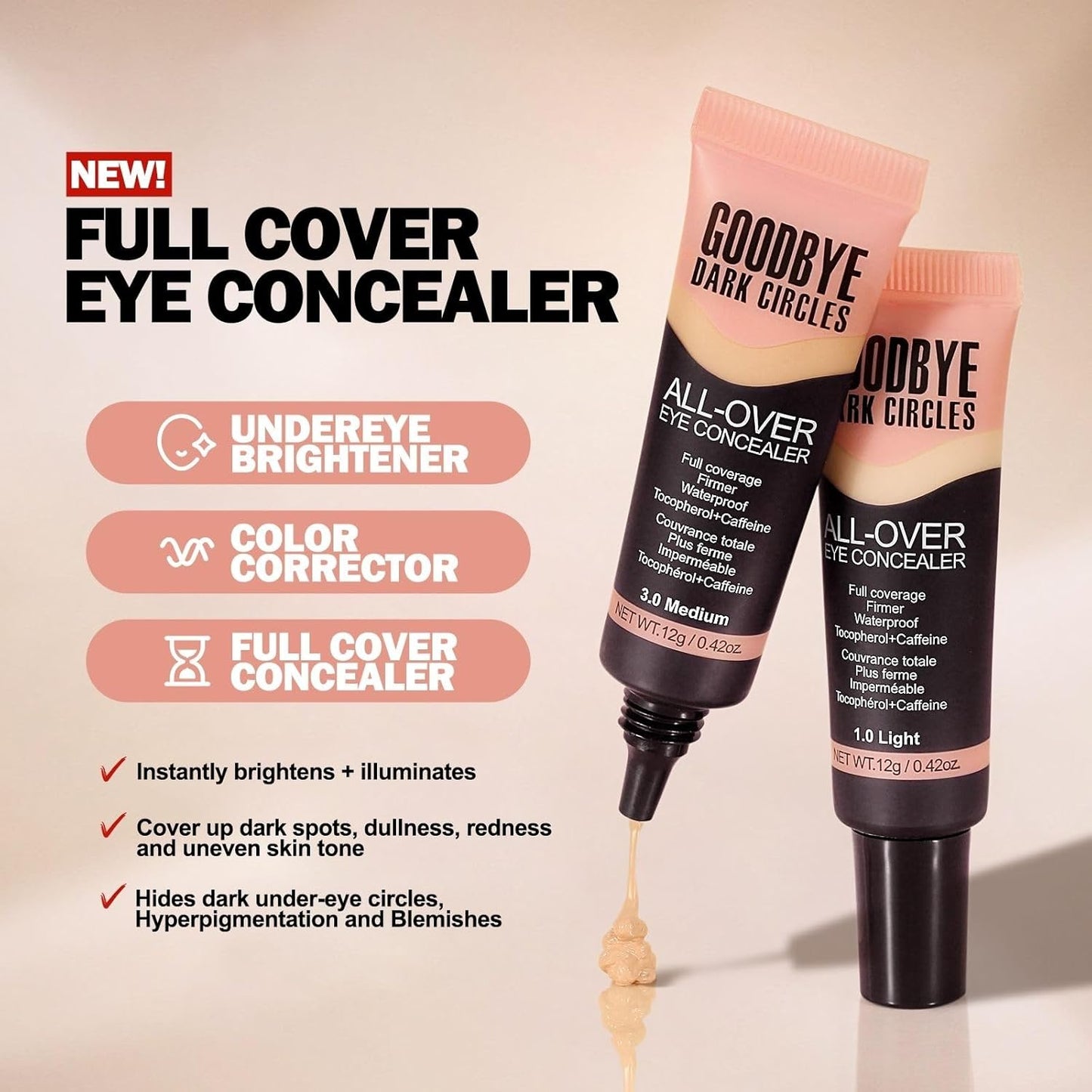 Liquid Concealer - Full Coverage Under Eye Concealer for Dark Circles & Fine Lines | Waterproof, Long-Lasting Makeup, 0.42 fl oz (Light)