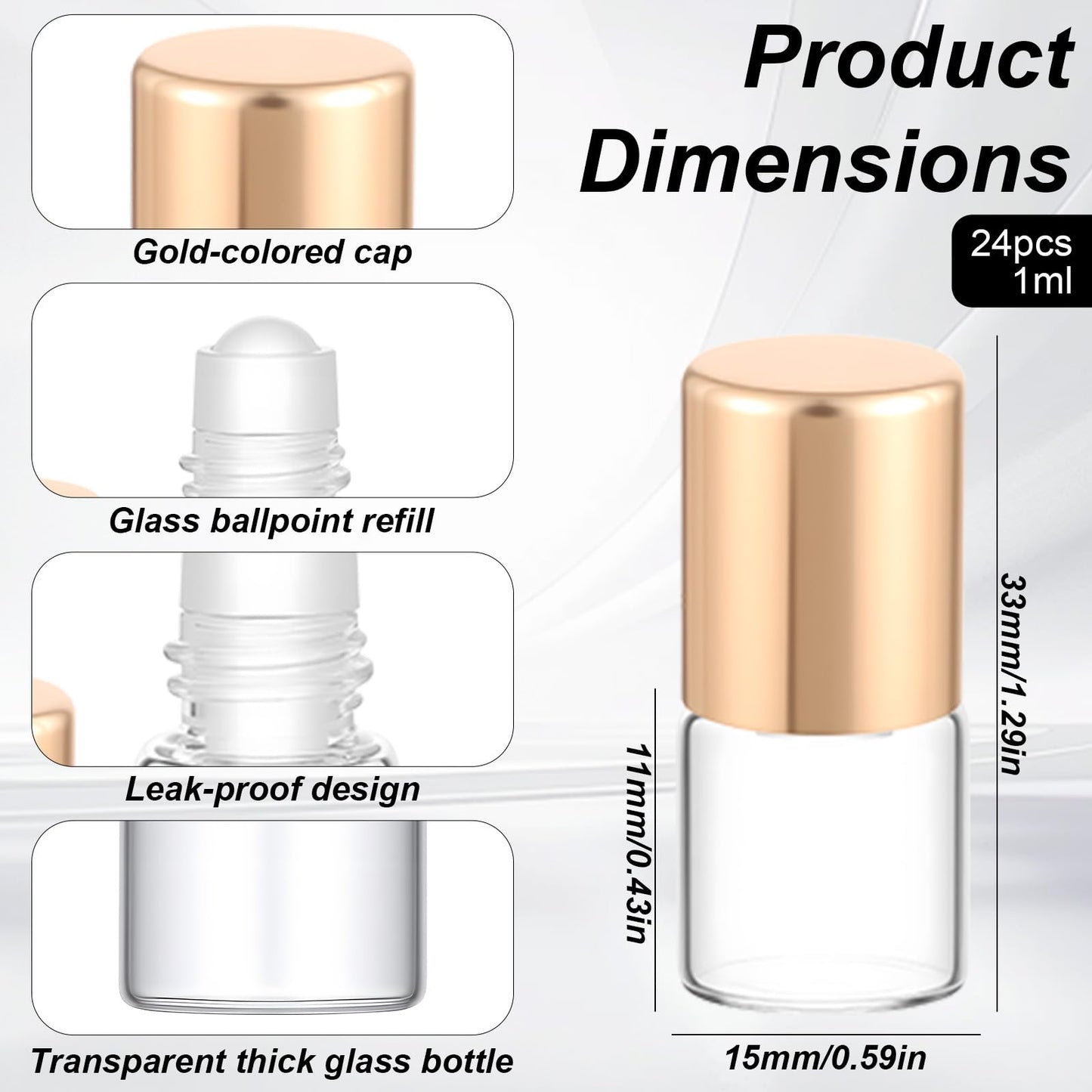 Fyntave 24 Pcs 1ml Gold Glass Roll-on Bottles for Essential Oils Mini Refillable Glass Roll on Bottles Roller Oil Aromatherapy Sample Vials Roller Travel Cosmetic Rollers Bottle Container