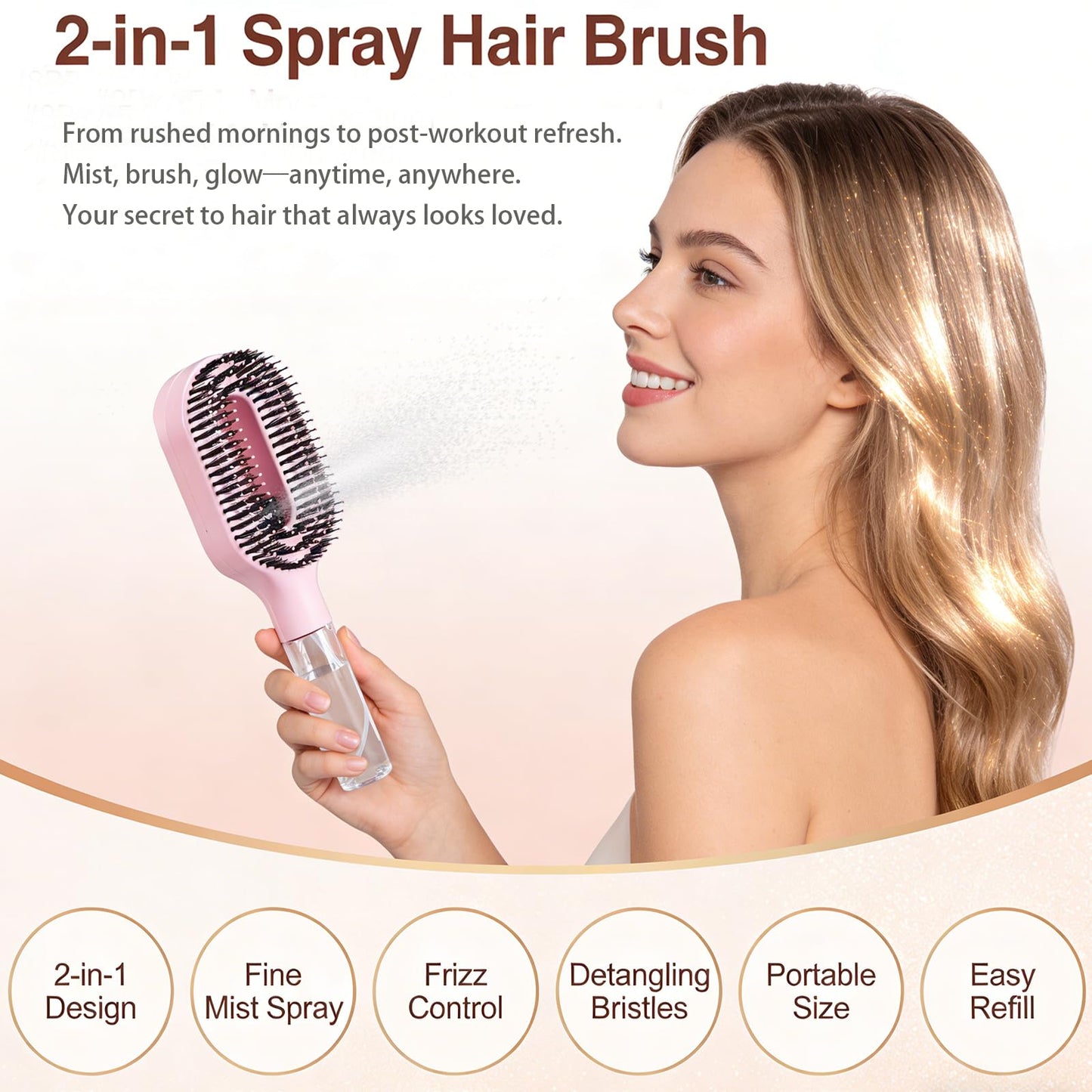 Hair Brush with Water Spray, 2-in-1 Detangling Tool for Frizz Control, Portable Water Hair Tool for Thick, Curly & Fine Hair, Fine Mist Styling Comb for Women & Girls(1 Pink)