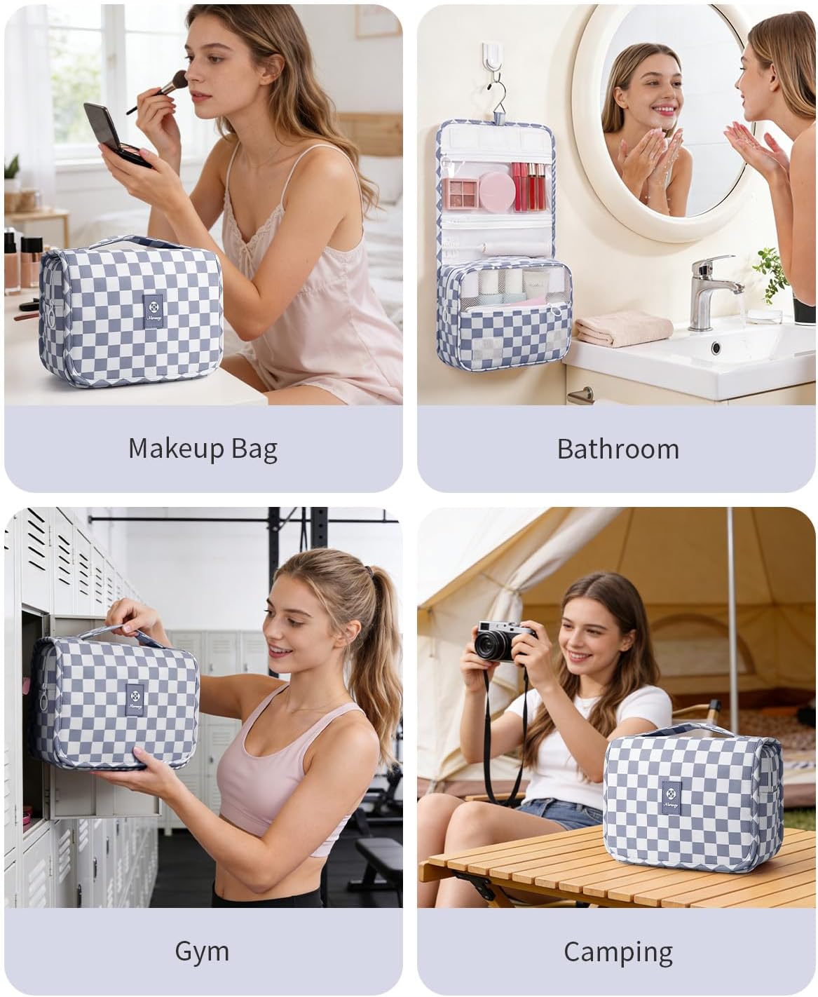 Narwey Small Hanging Travel Toiletry Bag - Checkered Makeup Organizer for Women | Grayish Blue Checkerboard