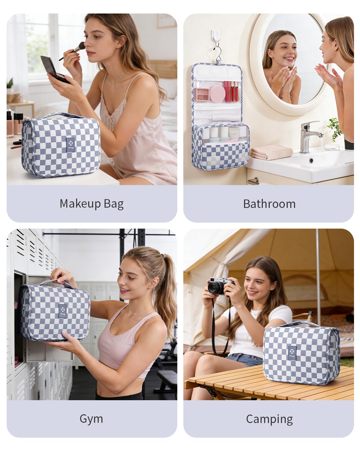 Narwey Small Hanging Travel Toiletry Bag for Traveling Women, Checkered Travel Bag for Toiletries, Makeup Bag Organizer Make Up Cosmetic Bags, Gifts for Kids Teen Girls (Grayish Blue Checkerboard)