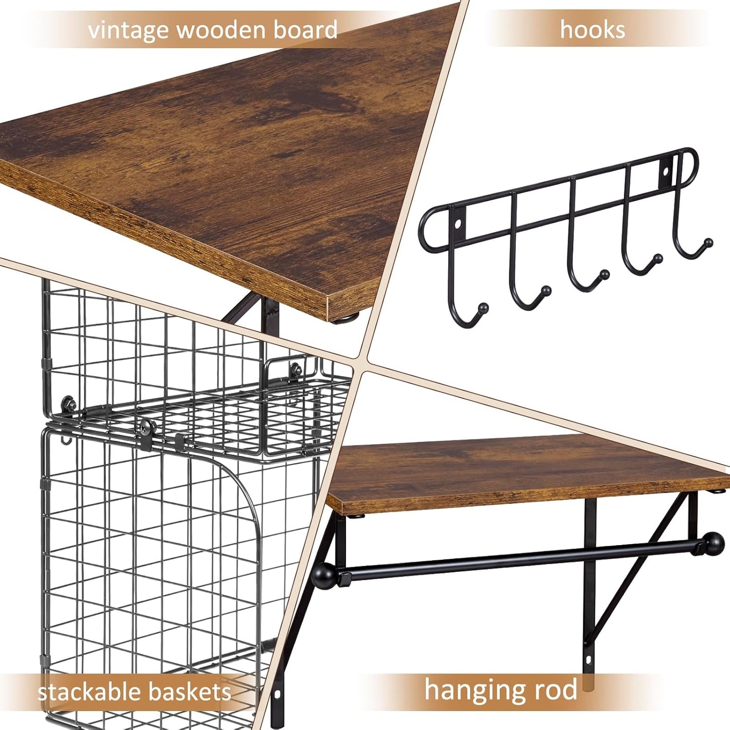 Wall Mounted Laundry Room Shelves - Over Washer & Dryer Shelf with Wire Baskets & Drying Rack | Black Wood & Metal