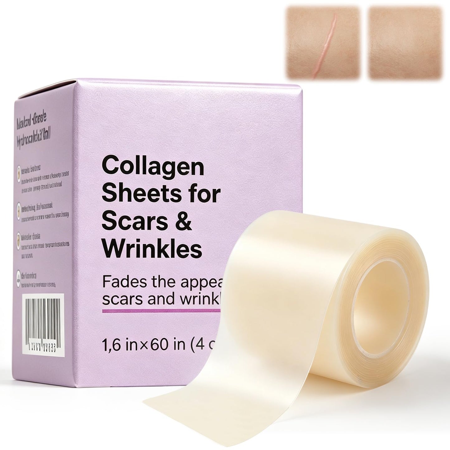 Silicone Collagen Scar Tape, Collagen Sheets for Scars & Wrinkle, Silicone Scar Removal Strips for Various Different Scars and Wrinkles, Old & New Scars for All Ages (1.6In * 60In)