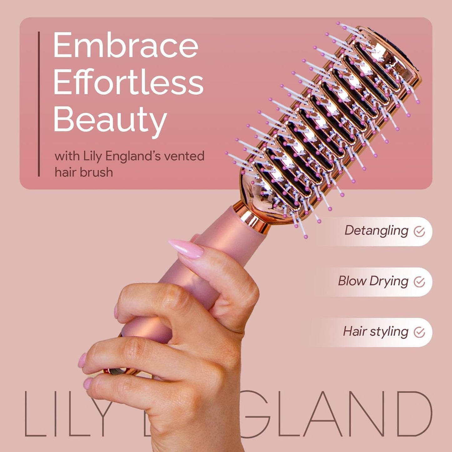 Lily England Vented Hair Brush - Easy Detangling Tool for Fine, Thick, Curly Hair | Rose Gold, Non-Slip Handle