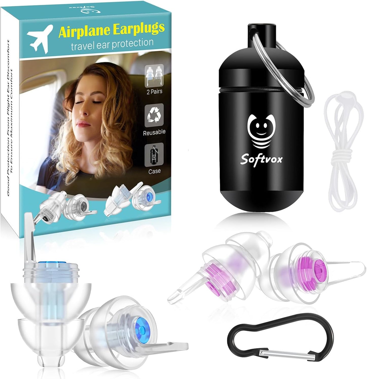 Airplane Ear Plugs - Pressure Relief Earplugs for Travel | Reusable Soft Earbuds, 25dB Noise Reduction, 2 Pairs