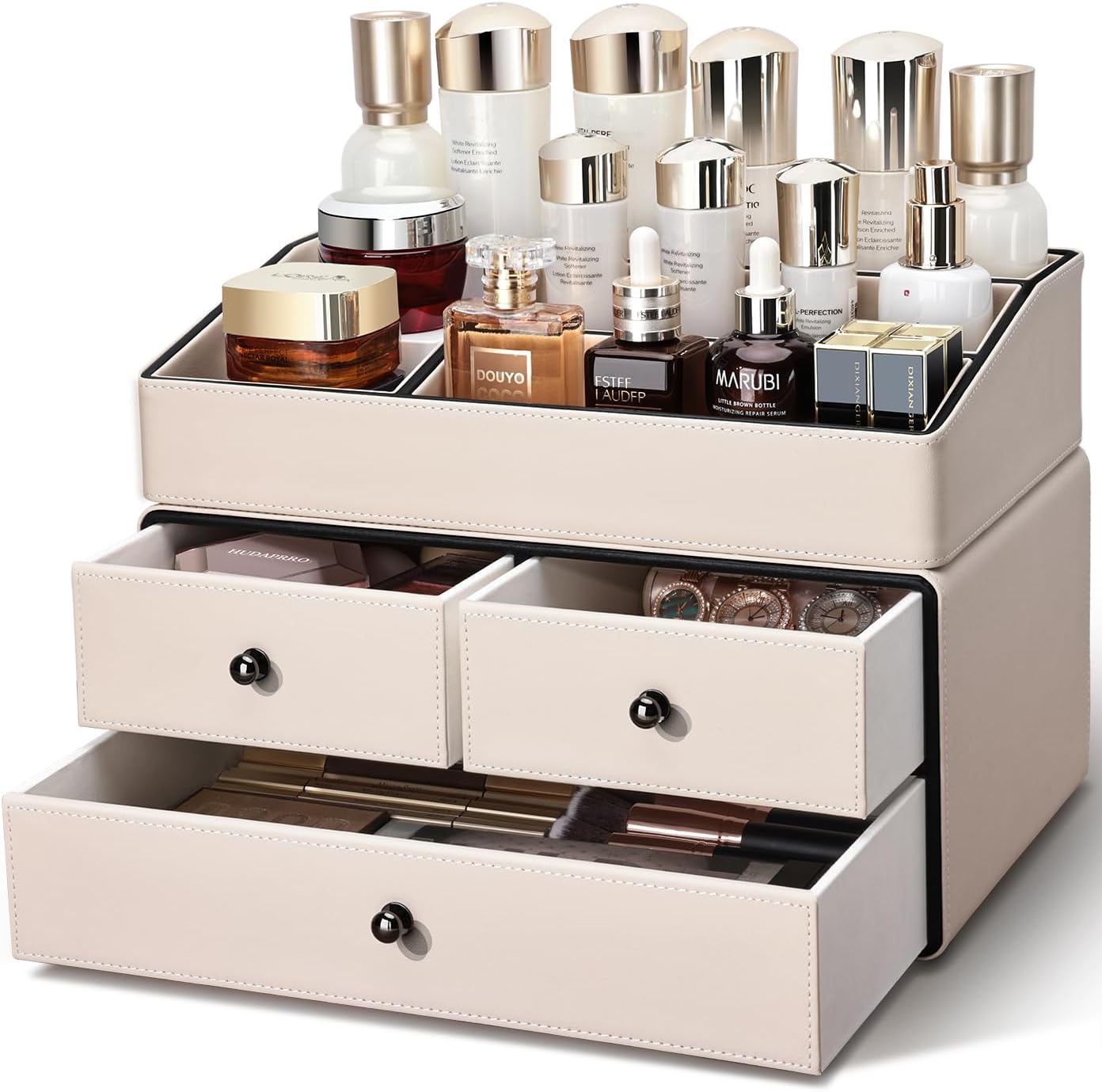 Leather Makeup Organizer - 3 Drawer 2 Tier Cosmetic Storage for Vanity & Bathroom | Beige