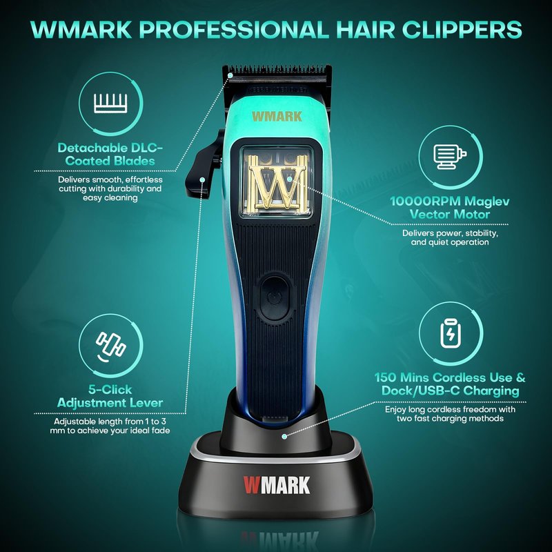 WMARK Hair Clippers for Men Professional Barber Clippers for Hair Cutting Kit Cordless Hair Clippers Maglev Vector Motor 10000RPM, DLC Fade Blades, USB-C Rechargeable NG-X1 Polar