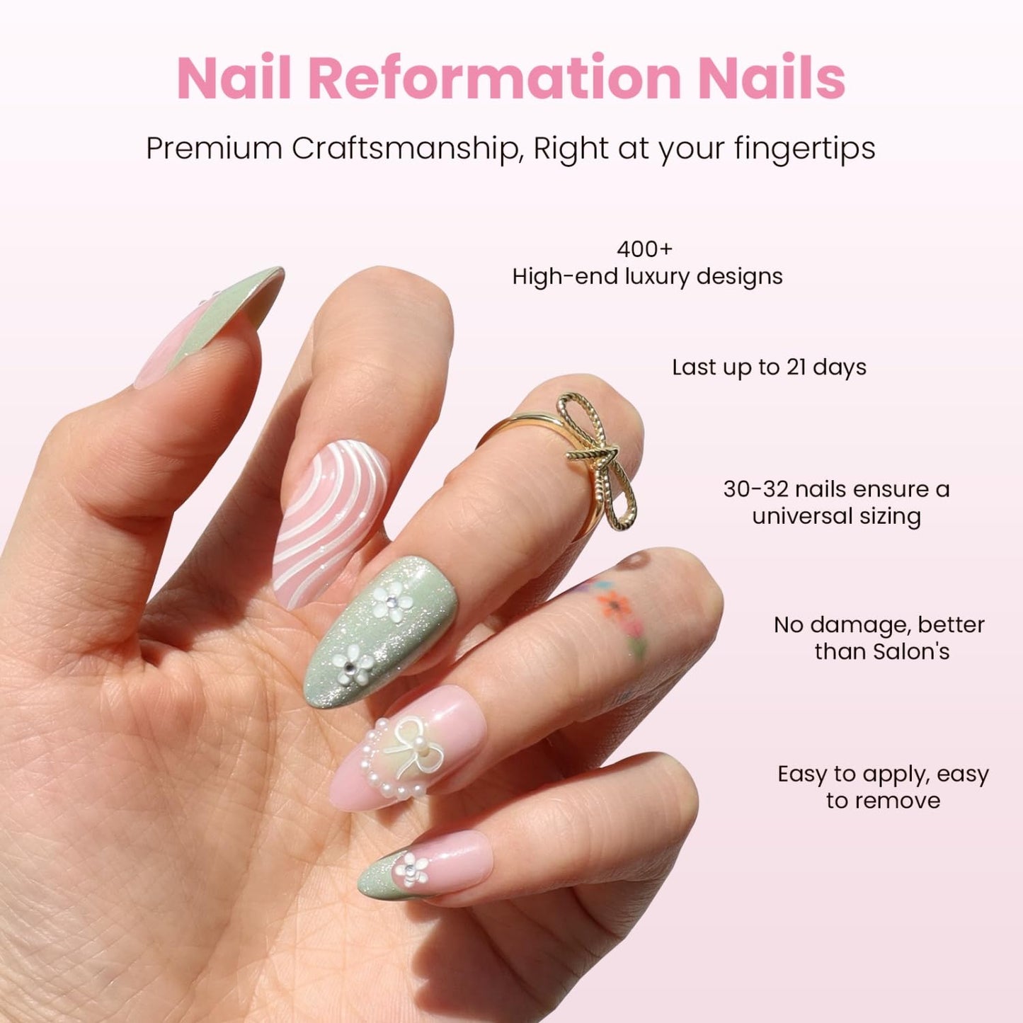 Floral French Press-On Nails - Garden of Pearls | Short Almond Design on Pink Green Shimmer Base - 30 Reusable Nails in 15 Sizes for Women