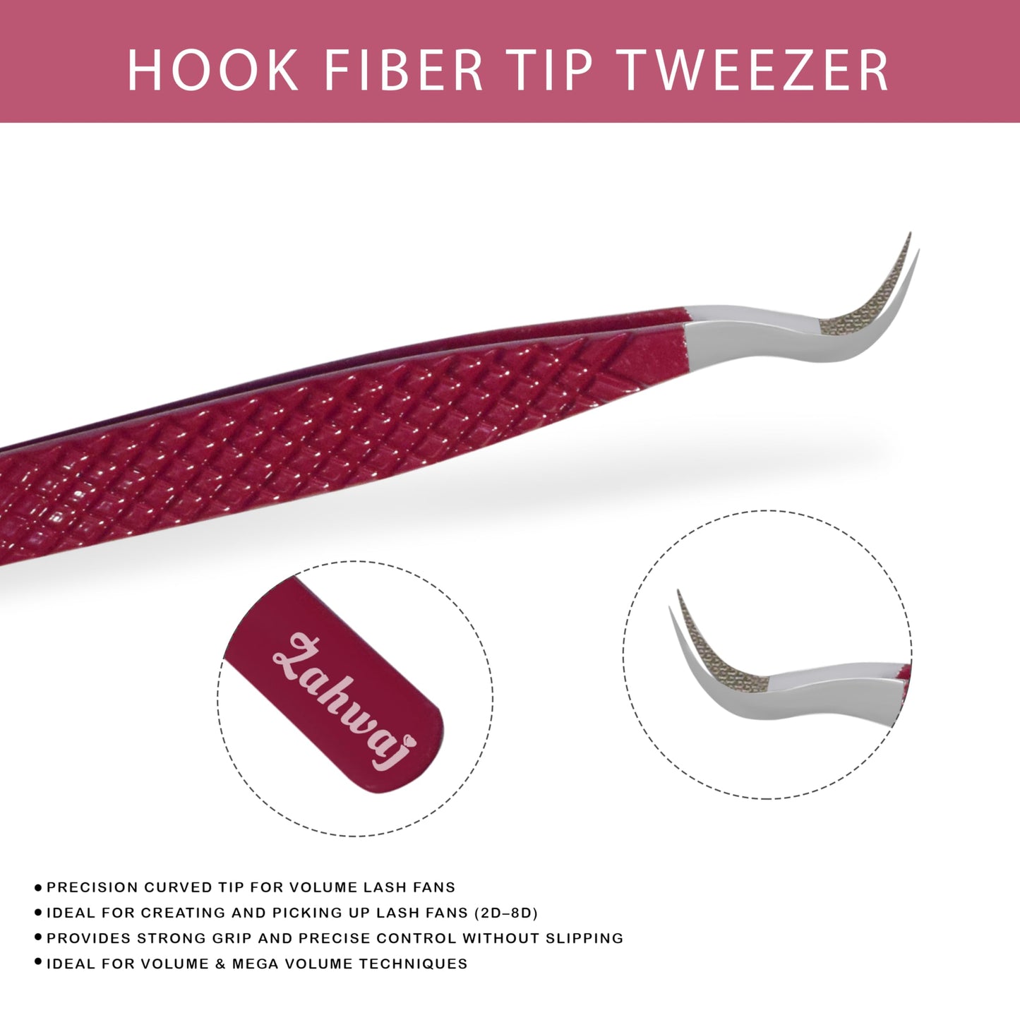 ZAHWAJ Curved Volume Lash Tweezer for Eyelash Extensions – Professional Stainless Steel Fiber Tip Precision Tweezer for Classic & Volume Lashes (Maroon)