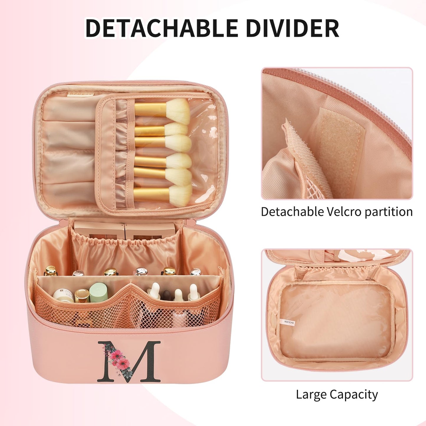 OCHEAL Initial Makeup Bag,Monogram Make up Bag Pink Travel Makeup Organizer Case Beauty Toiletry Cosmetic Bag with Brush Holder, Trendy Stuff Personalized Gifts for Women and Girls-M