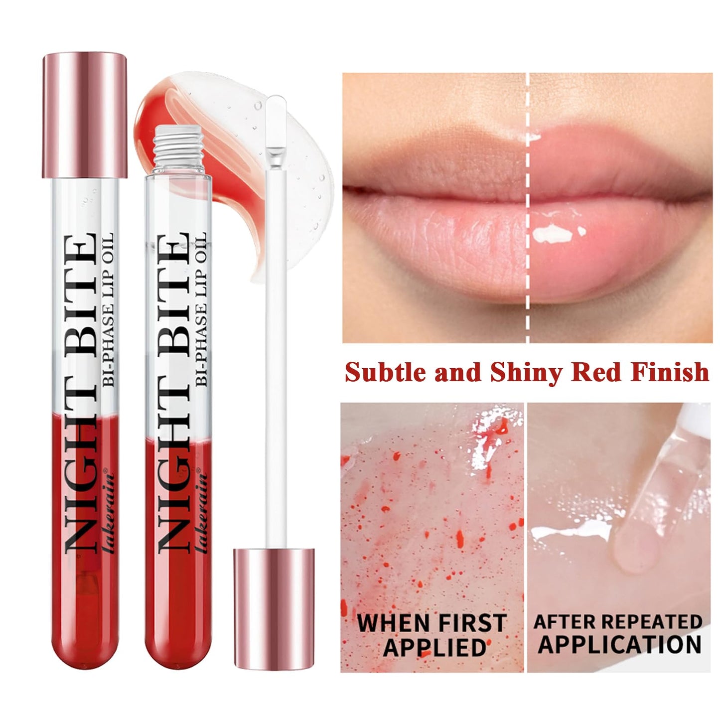 Dual-Phase lip oil, Moisturizing Nourishing Shiny Red and Transparent layer lip gloss, Natural and Fresh Bitten Lip Makeup