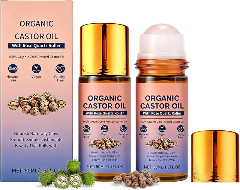 Organic Castor Oil Roll-On with Rose Quartz Roller - 100% Cold Pressed, Deep Hydration for Face, Body & Hair | 2PCS