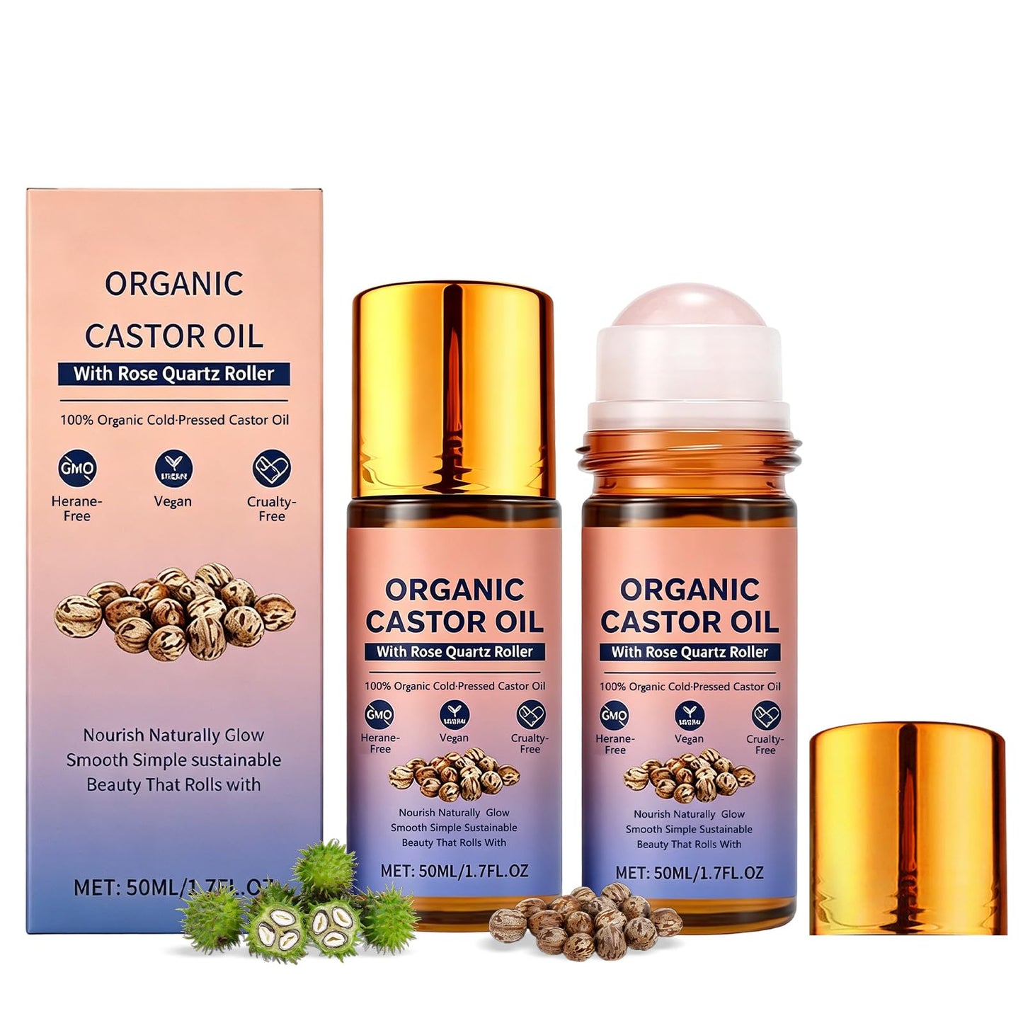 2PCSOrganic Castor Oil Roll On with Rose Quartz Roller, 100% Cold Pressed Castor Oil, Natural Castor Oil Roll On for Face, Body, Hair & Eyebrows, Deep Hydration Skin