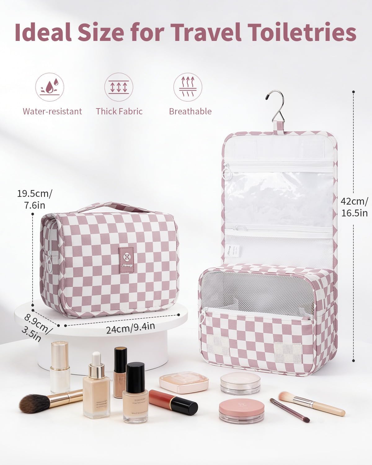 Small Hanging Travel Toiletry Bag - Checkered Makeup Organizer for Women | Dusty Pink Checkerboard
