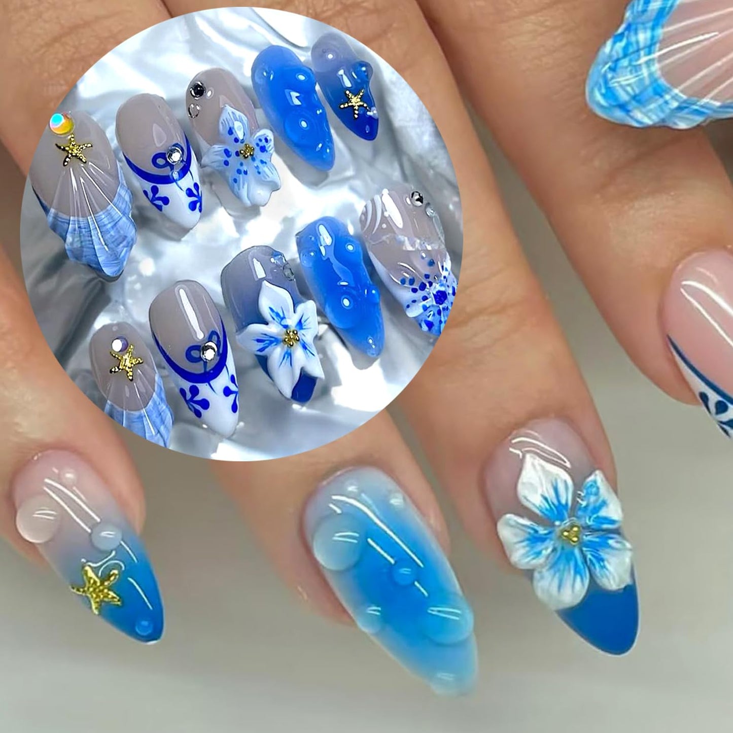 30Pcs Blue Flower Press on Nails Medium Almond Summer Beach Fake Nails with 3D Flowers Starfish Design French Nails Cute Stick on Nails Golden Beads Full Cover Manicure False Nail Tips for Women