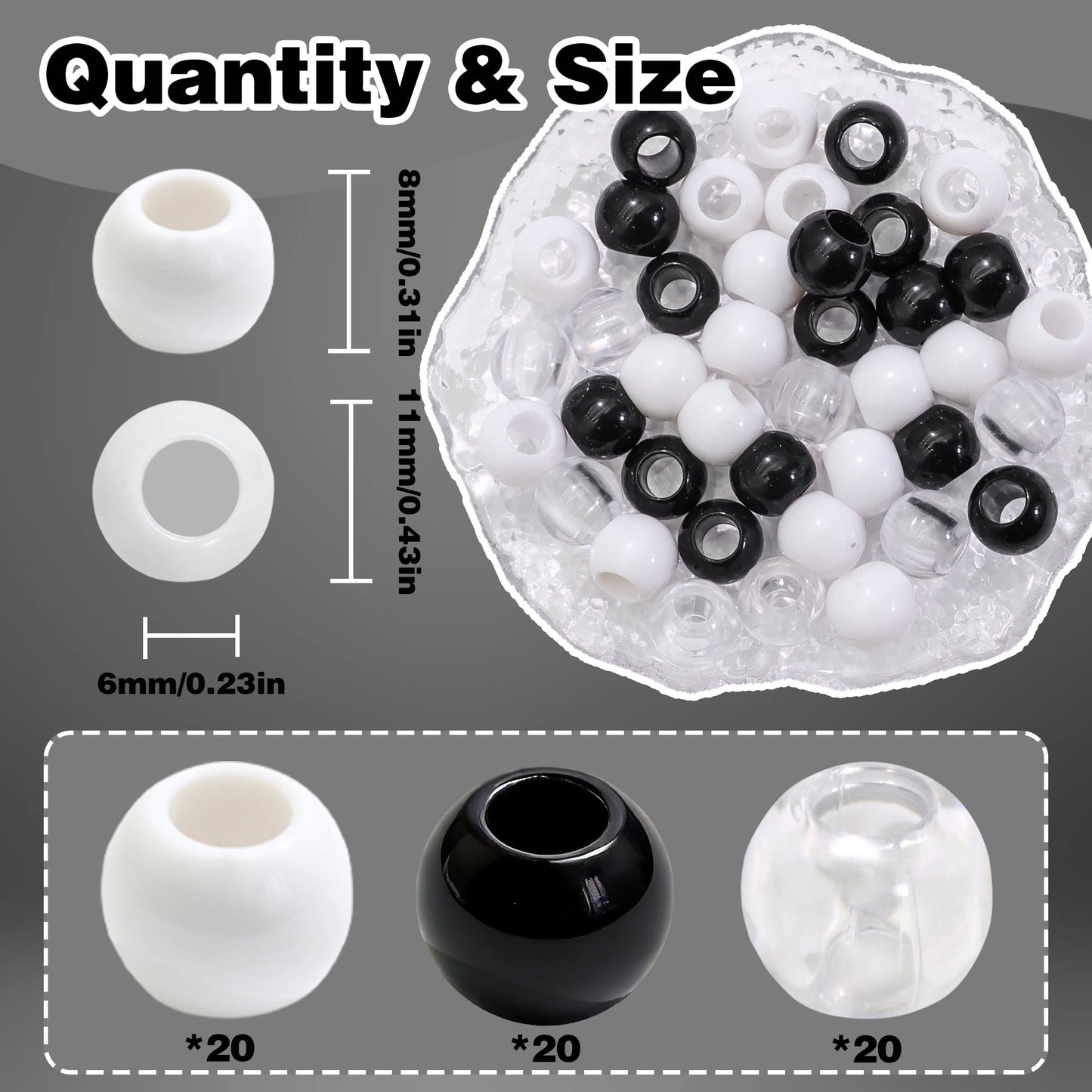 NAISKA 60PCS Black Hair Beads Clear Braids Beads Acrylic Round Loc Bead White Large Hole Dread Bead Versatile Dreadlock Accessories for Unisex
