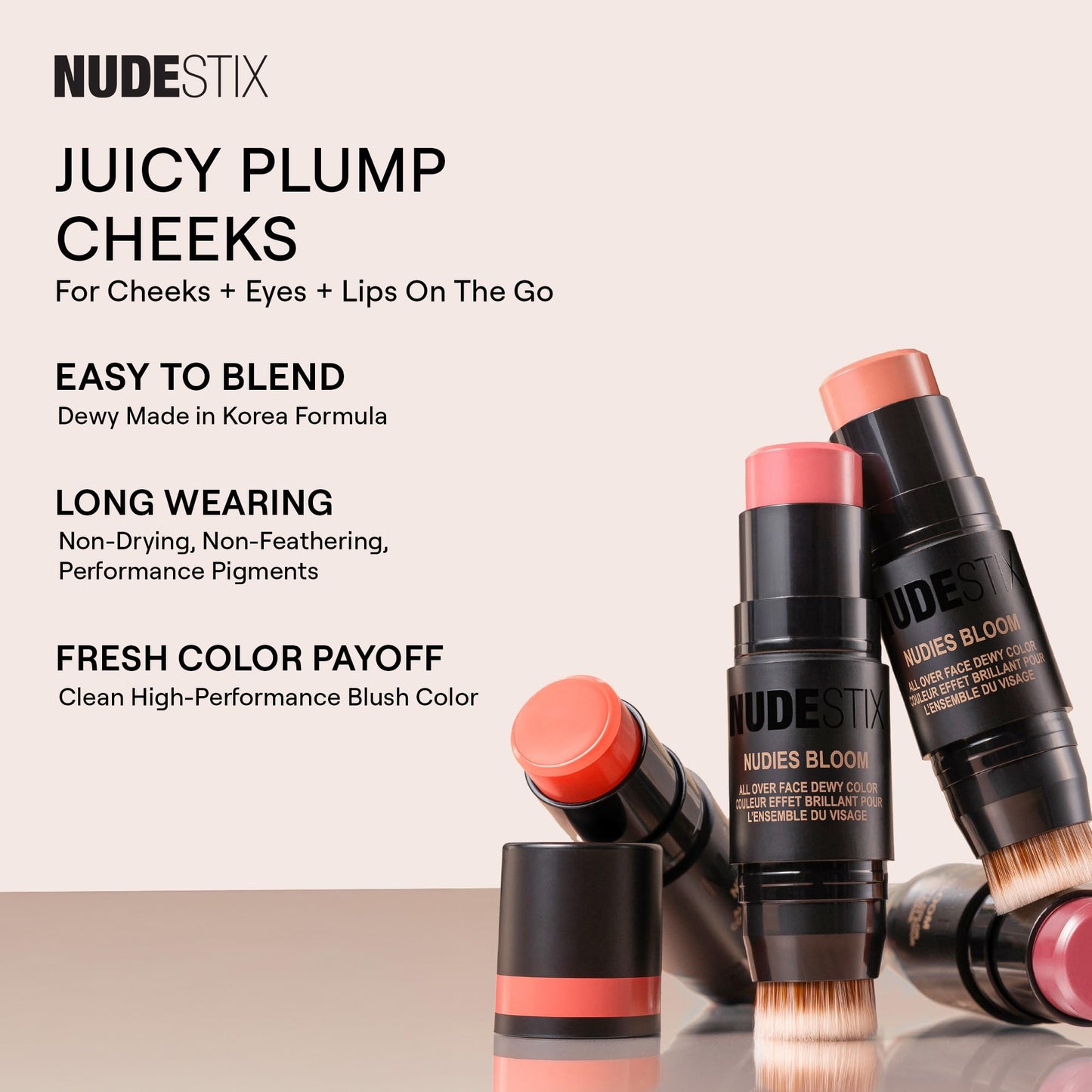 Nudestix Nudies Bloom All Over Dewy Color – 3-in-1 Cream Blush Stick for Cheeks, Eyes & Lips with Built-In Brush | Sheer, Glossy Finish | Vegan, Long-Wear, Multi-Use Makeup (Sweet Peach Peony)