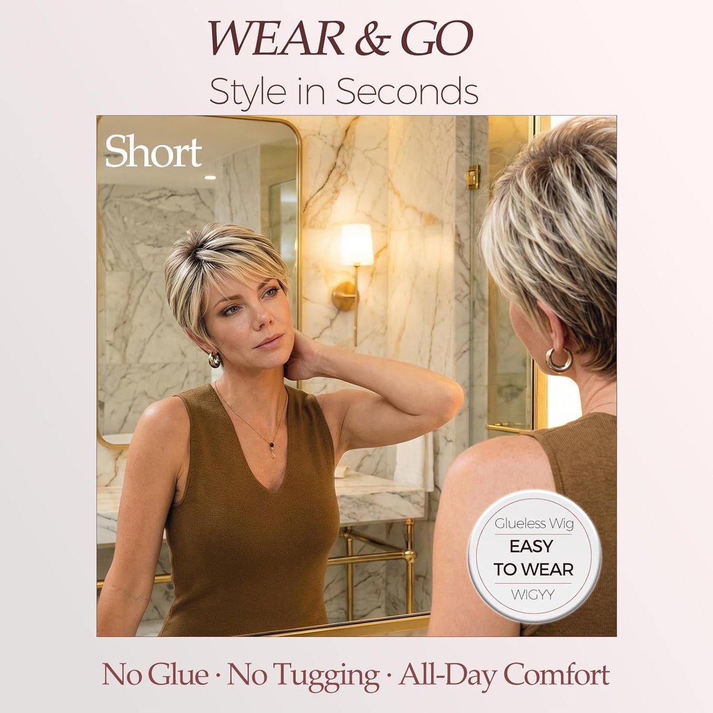 Short Pixie Wig for Women | Curly Ash Blonde with Dark Roots - Heat-Resistant Synthetic Wig with Bangs, Lightweight Cap