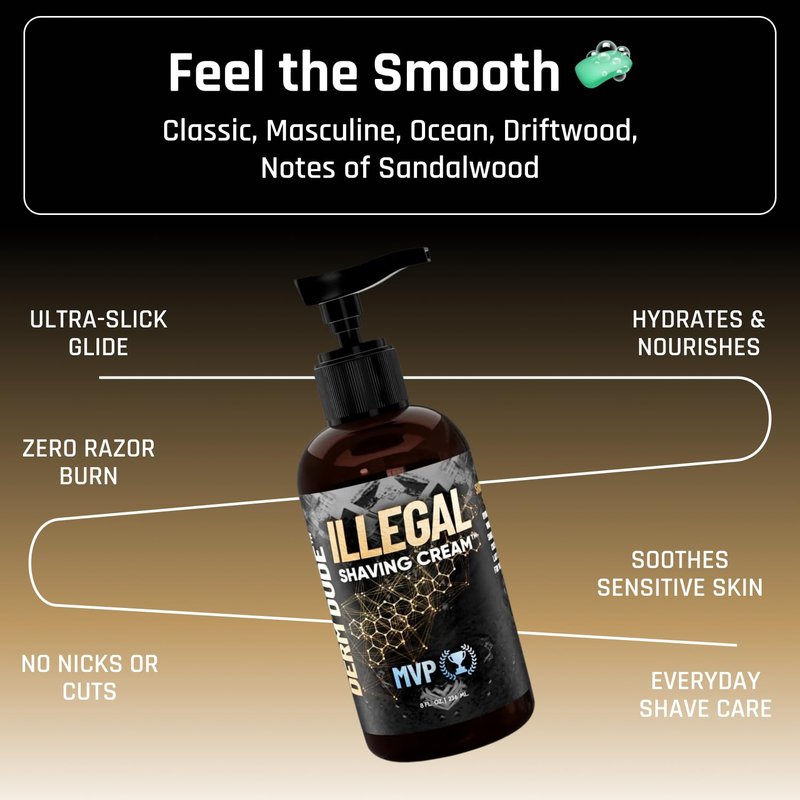 Derm Dude Illegal Shave Cream for Men | Ultra-Slick Shaving Cream for Sensitive Skin | Fights Razor Burn, Bumps, Nicks & Cuts | Smooth Glide Formula – MVP Scent, 8oz