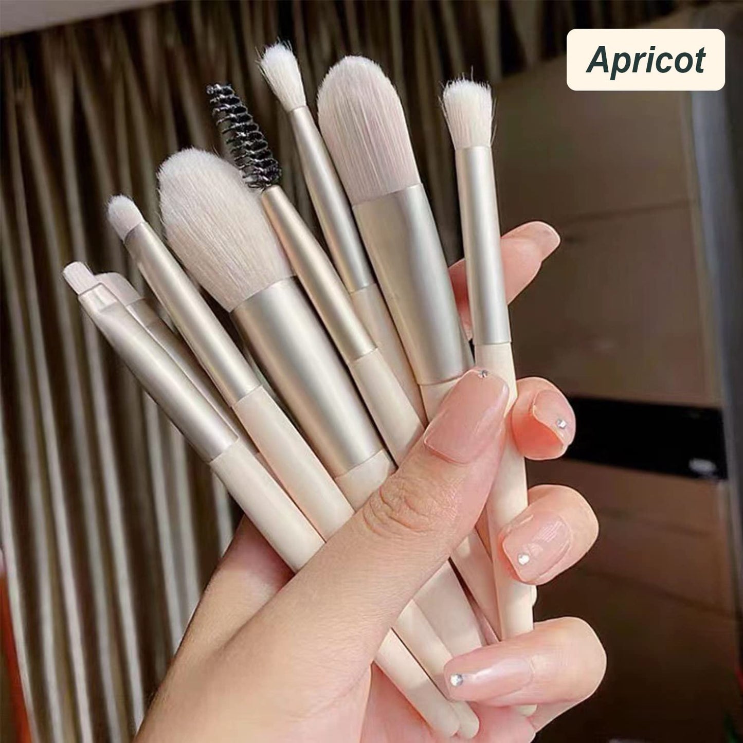 Mini Makeup Brush Set - 8 Pieces for Foundation, Blush, and Eye Shadow | Compact Travel Brushes in Apricot