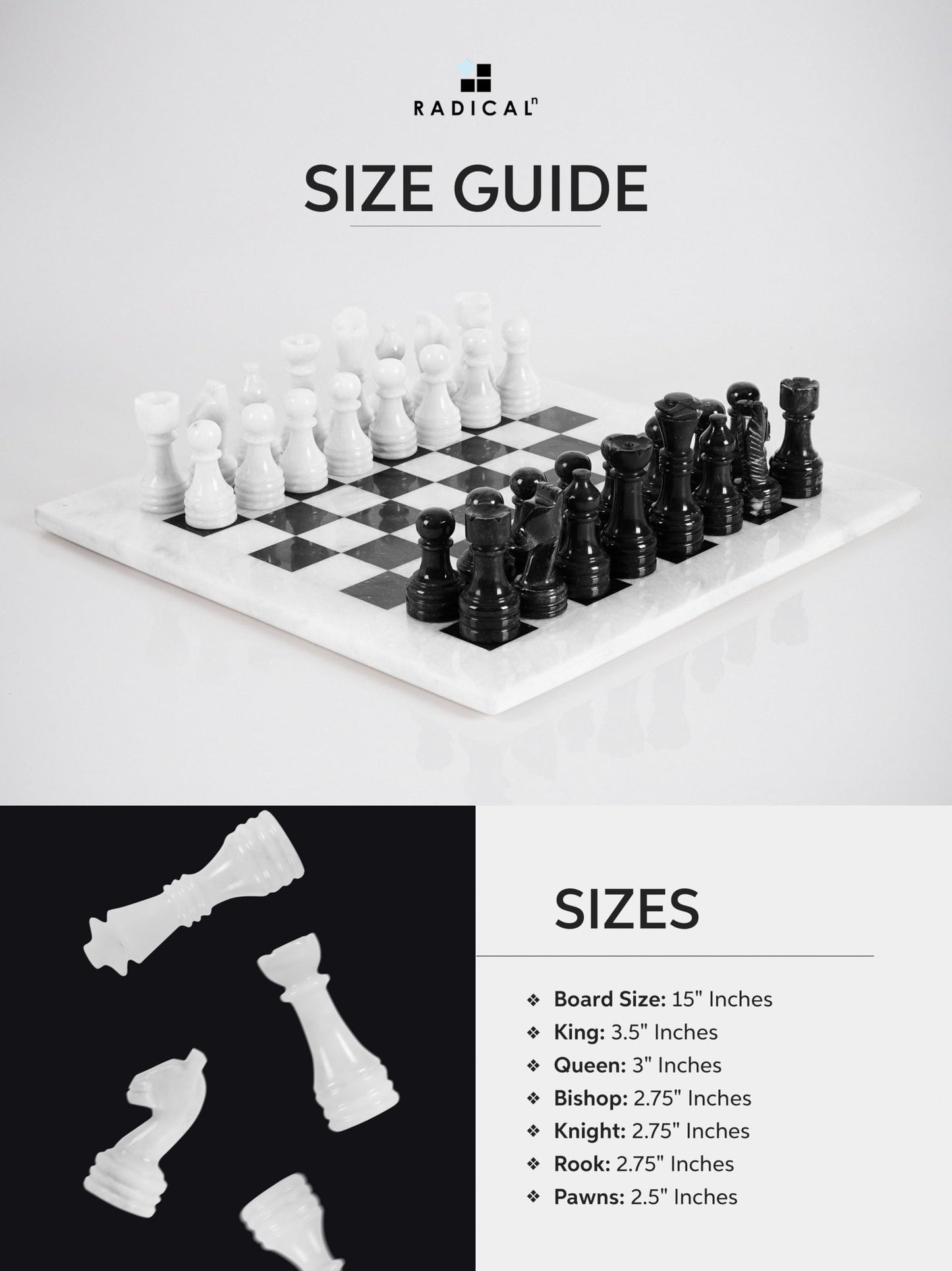 Radicaln Marble Chess Set 15" Inches White and Black with Storage Box Handmade Luxury Board Games for Adults, Ideal Marble Chess Board Game Set & Chess Pieces
