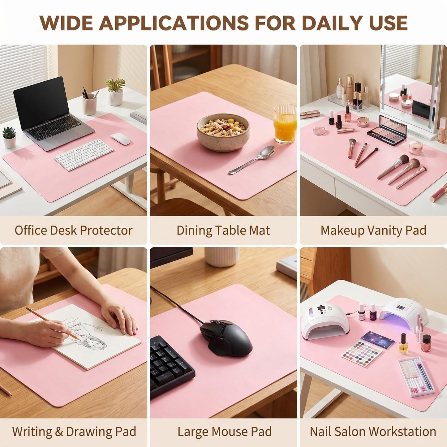 VANTOBEST 23.6 x 11.8 inches Foldable Nail Art Table Mat, Waterproof Non-Slip PU Leather Nail Desk Pad, Reusable Manicure Mat for Nail Tech Salon Home Acrylic Nails (Pink)