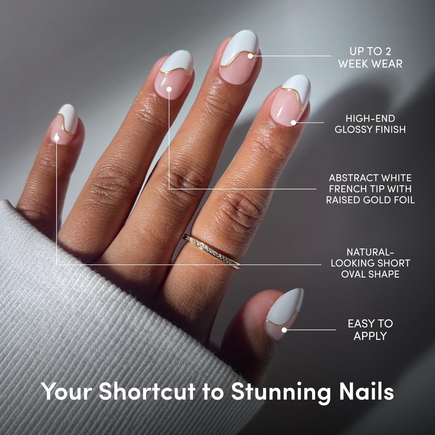 Press On Nails - Short Oval Fake Nails with Abstract White French Tips, Glossy Finish | 15 Sizes - 30 Nail Kit with Glue