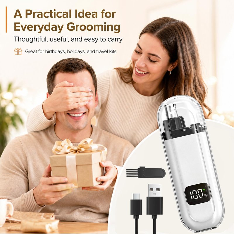 NumberGlow Nose and Ear Hair Trimmer for Men and Women Electric Nose Clipper with USB and LED Power Display, Water-Resistant Dual-Edge Blades Gentle Grooming for Travel