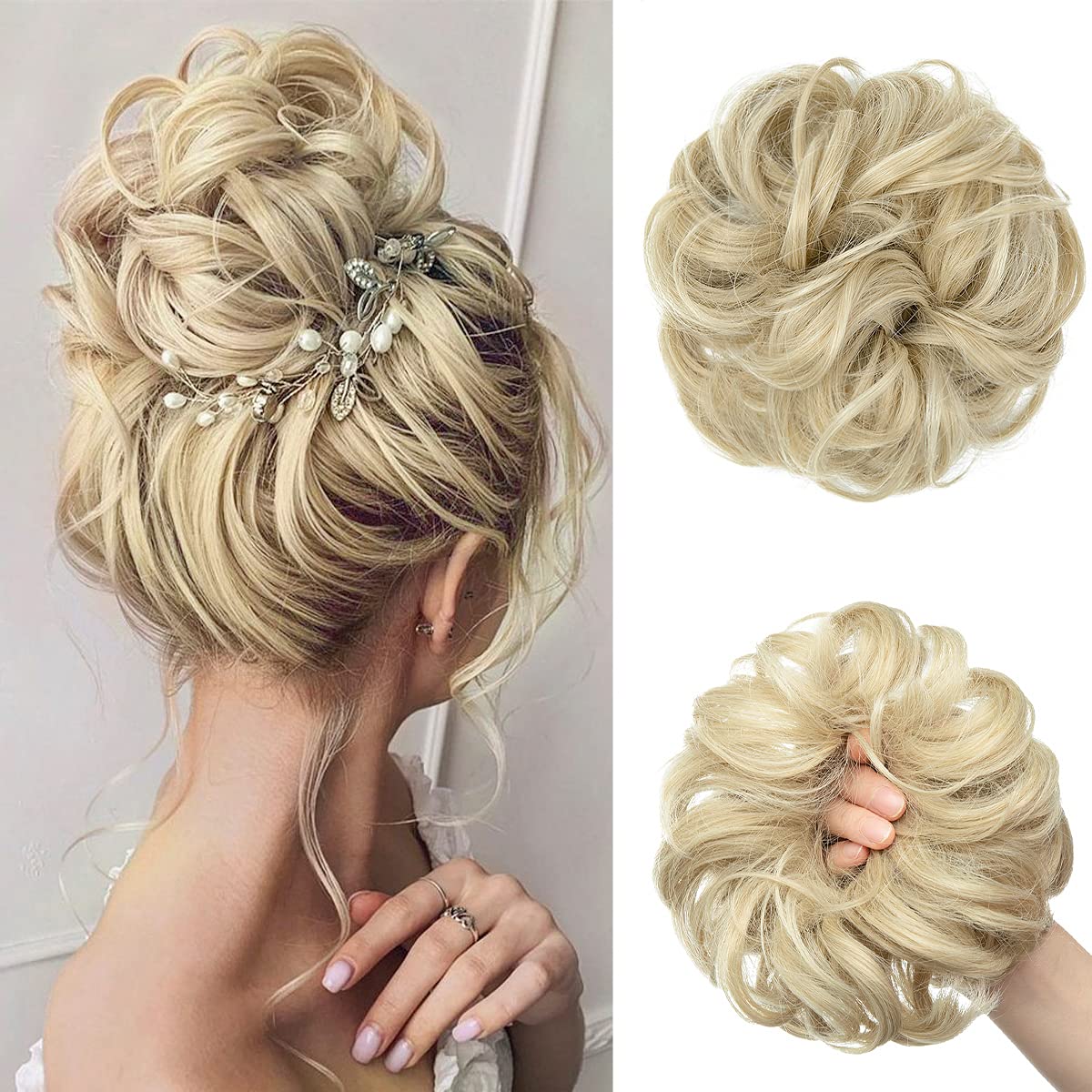 Large Messy Bun Hair Piece - Wavy Curly Synthetic Chignon Ponytail Extensions | Thick Updo for Women - Dirty Blonde