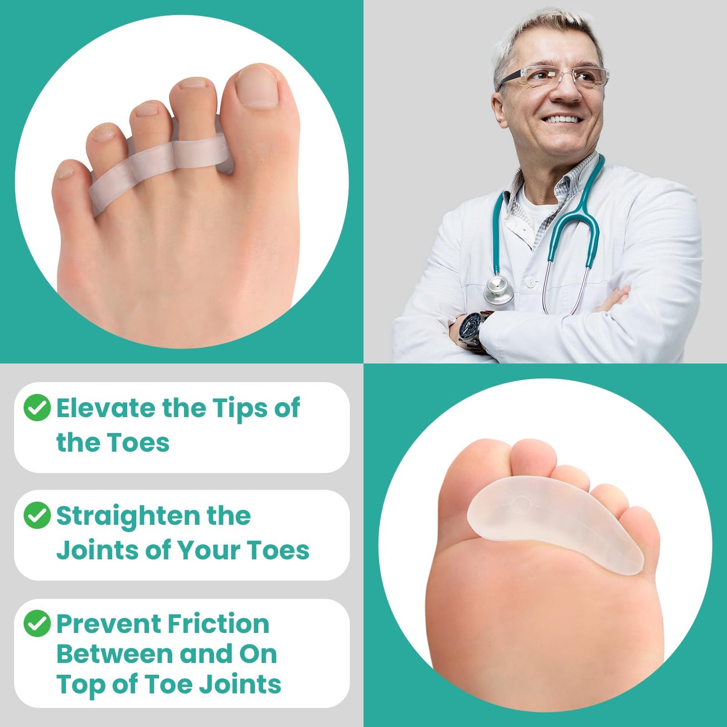 Welnove Hammer Toe Straightener Toe Corrector for Women - 8 Pcs Hammer Toe Cushion Pads for Bent, Crooked, Curled, Claw, and Hammer Toes - Soft Support and Realignment(Clear, 3 Loop Design)