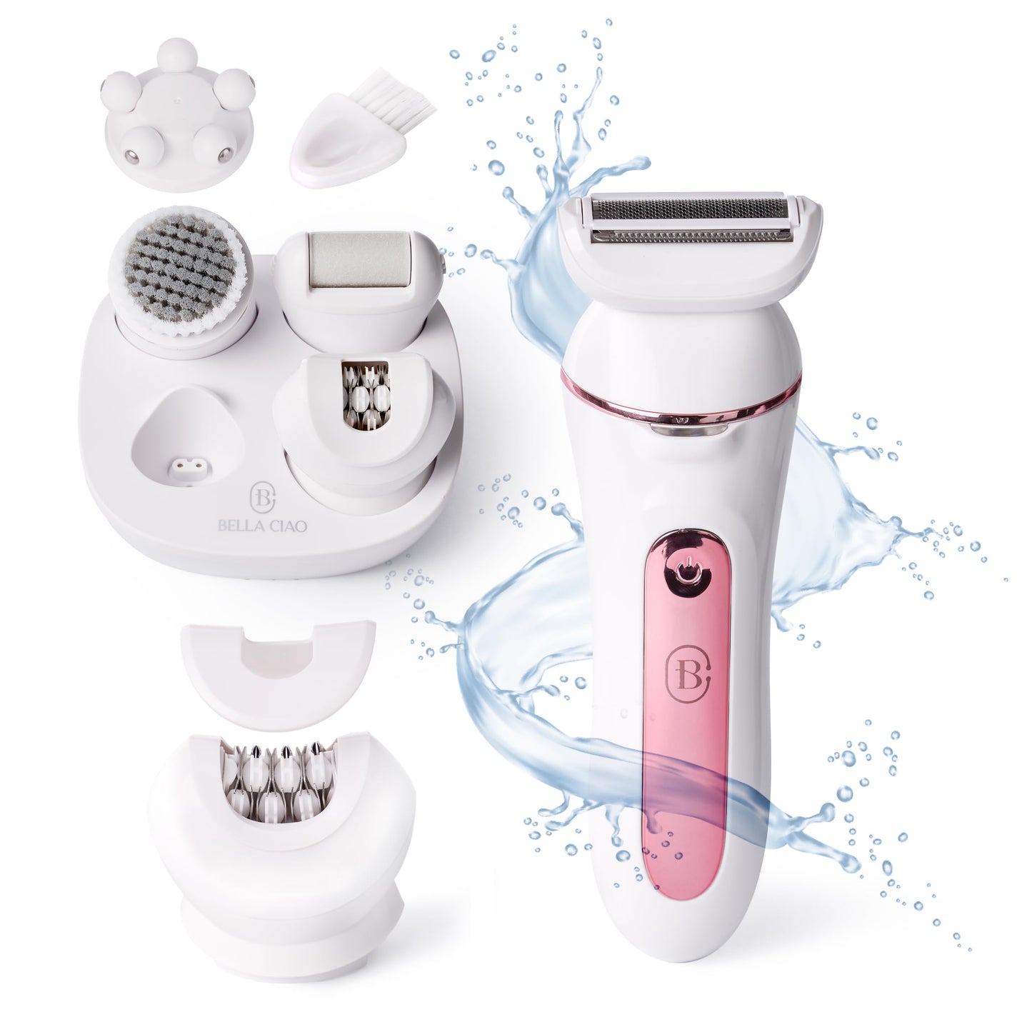 Bella Ciao 10-Piece Rechargeable Epilator Kit for Women, Wet Dry Hair Removal Device with Bikini Trimmer, Facial Brush, Callus Shaver, Foil Shaver, IPX6 Waterproof