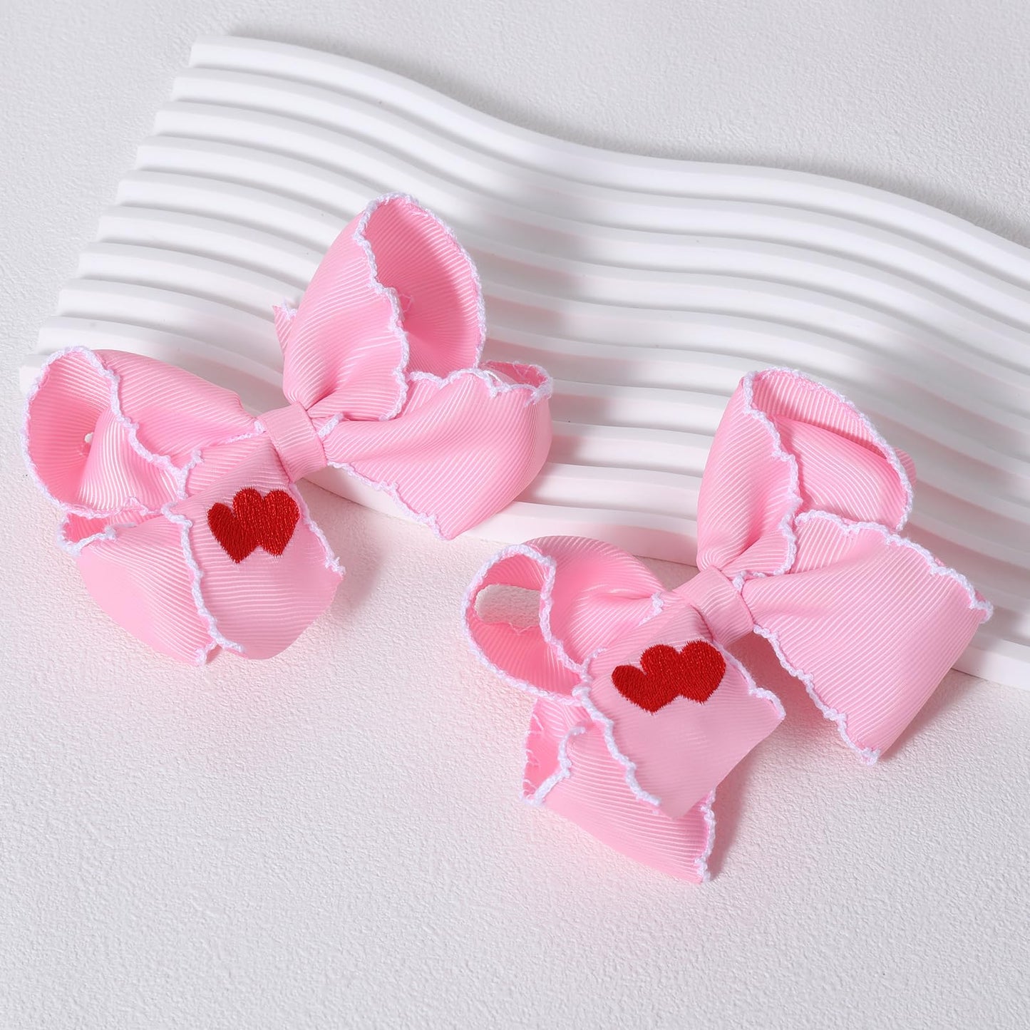 Valentine Pink Hair Bows 2pc 4in Red Love Heart Embroidered Ribbon Bowknot Alligator Clip Gift for Teen Girls Women Birthday Wedding Dance Party Dress Decor Accessory