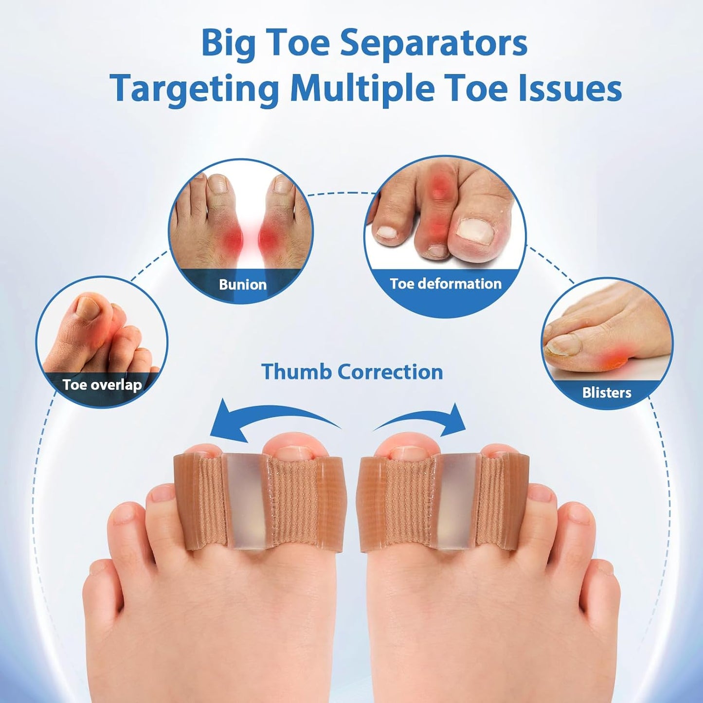 Bunion Toe Separators - 3-Point Gel Spacers for Overlapping Toes | 4 Pack, Large Size