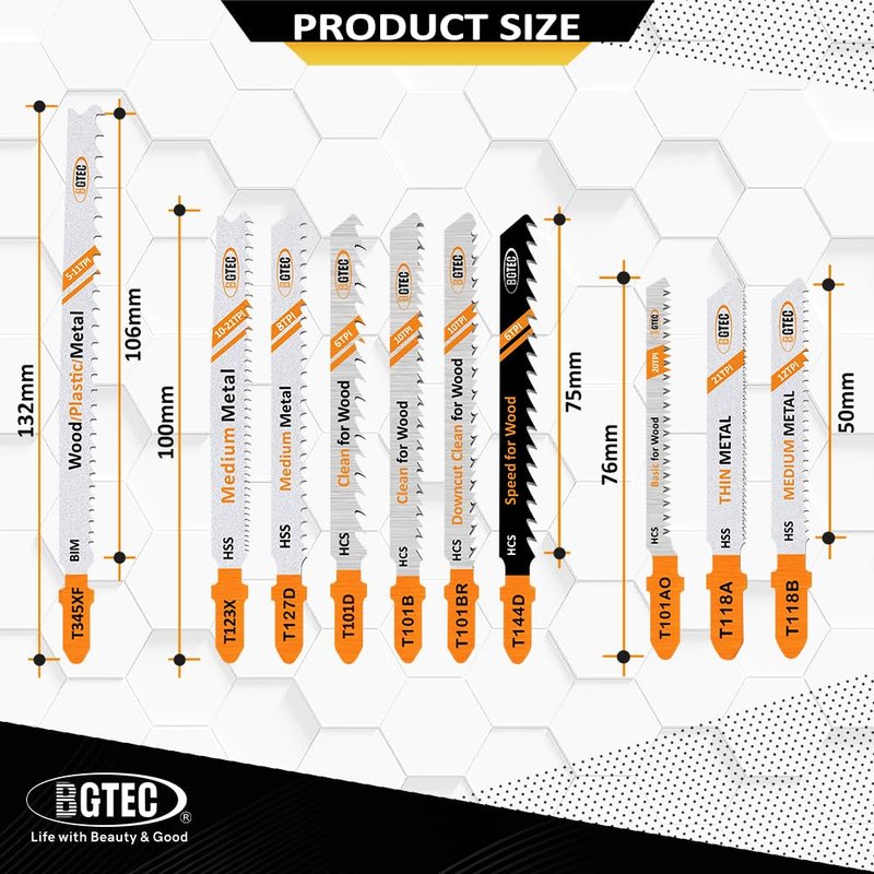 50PCS T Shank Jigsaw Blades Set - BGTEC HCS/HSS Jig Saw Blades for Wood, Plastic and Metal Cutting(T118A,T118B,T127D,T123X,T101AO,T101B,T101BR,T101D,T144D,T345XF)