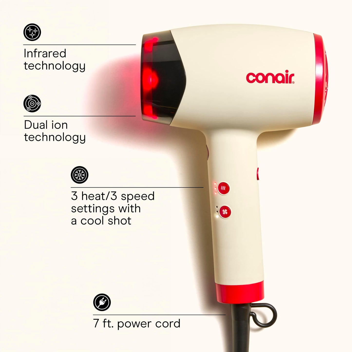 Conair InfinitiPRO Infrared Hair Dryer with Dual Ionic Conditioning, Includes Diffuser & Concentrator, Fast Drying Blow Dryer for Frizz Reduction, 3 Heat/Speed Settings, White, 1999