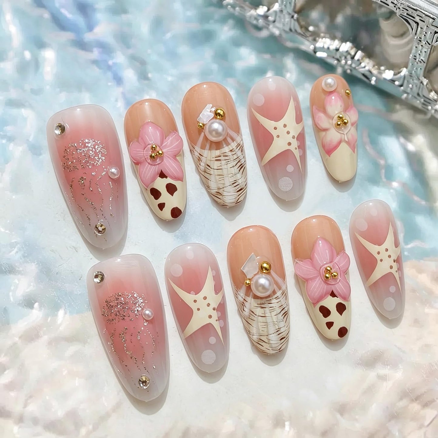 30 Pcs Summer Press on Nails Beach Fake Nails with Cute Flower Ocean Jellyfish Starfish Pattern Design Pearl Full Cover Almond False Nails Reusable for Women Summer Beach DIY Manicure Decoration
