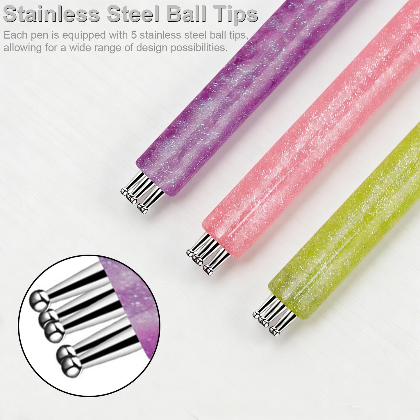 3 Pack Acrylic Nail Pens Set - Embossing Stylus with 5 Stainless Steel Ball Tips for Precise Nail Art Design, Tracing and Dotting Tool, Essential for Nail Art Studios