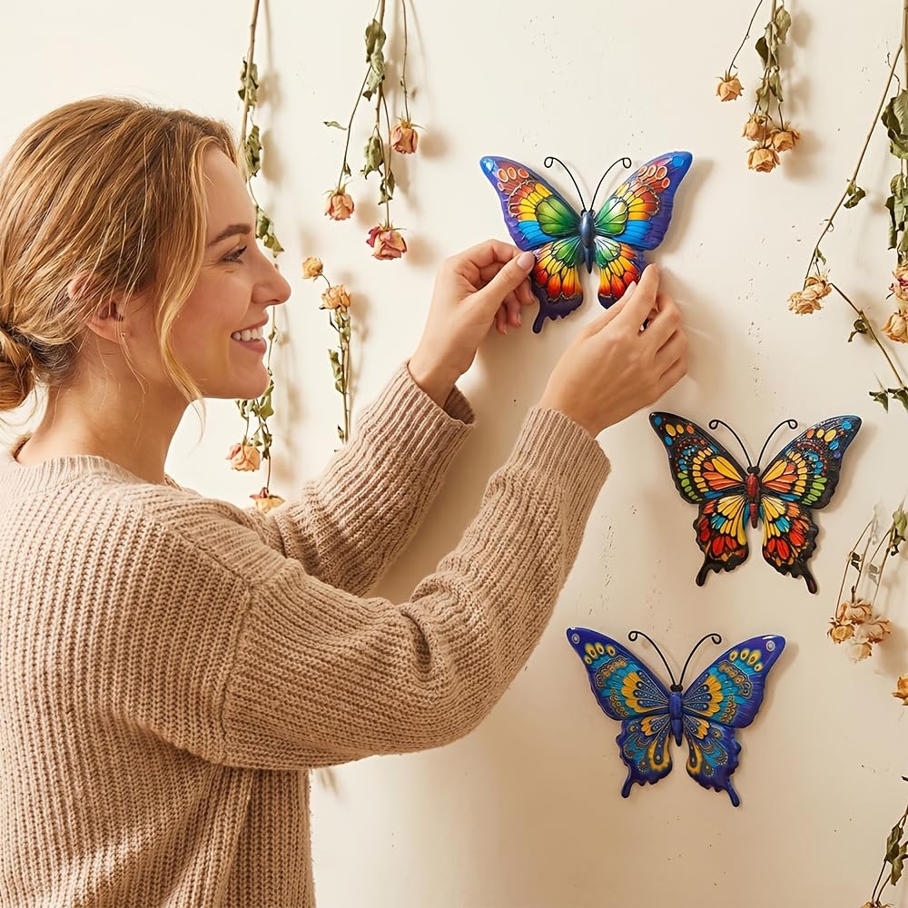3Pcs 3D Metal Butterfly Wall Decor, Outdoor & Indoor Wall Art, Garden Patio Yard Balcony Fence Decorations, Wrought Iron Butterfly Sculpture, Hanging Metal Wall Art for Porch Living Room Bedroom