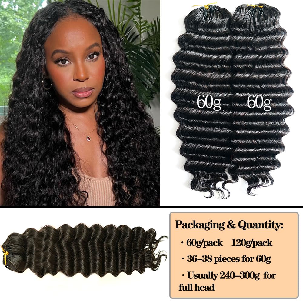 Knotless Pre-Separated Deep Wave Crochet Hair Extensions - 100% Raw Human Hair, 16 Inch, 60g
