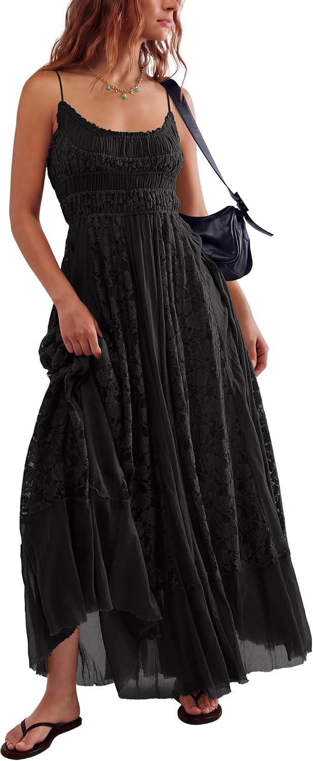 Bohemian Maxi Dress for Women - Casual Lace Floral Embroidery | Flowy A-Line Beach Dress